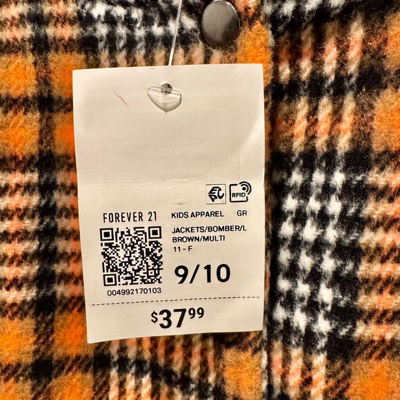 Forever 21 Kid’s Plaid Brown and Black Varsity Jacket with Embroidery NWT - Picture 4 of 7